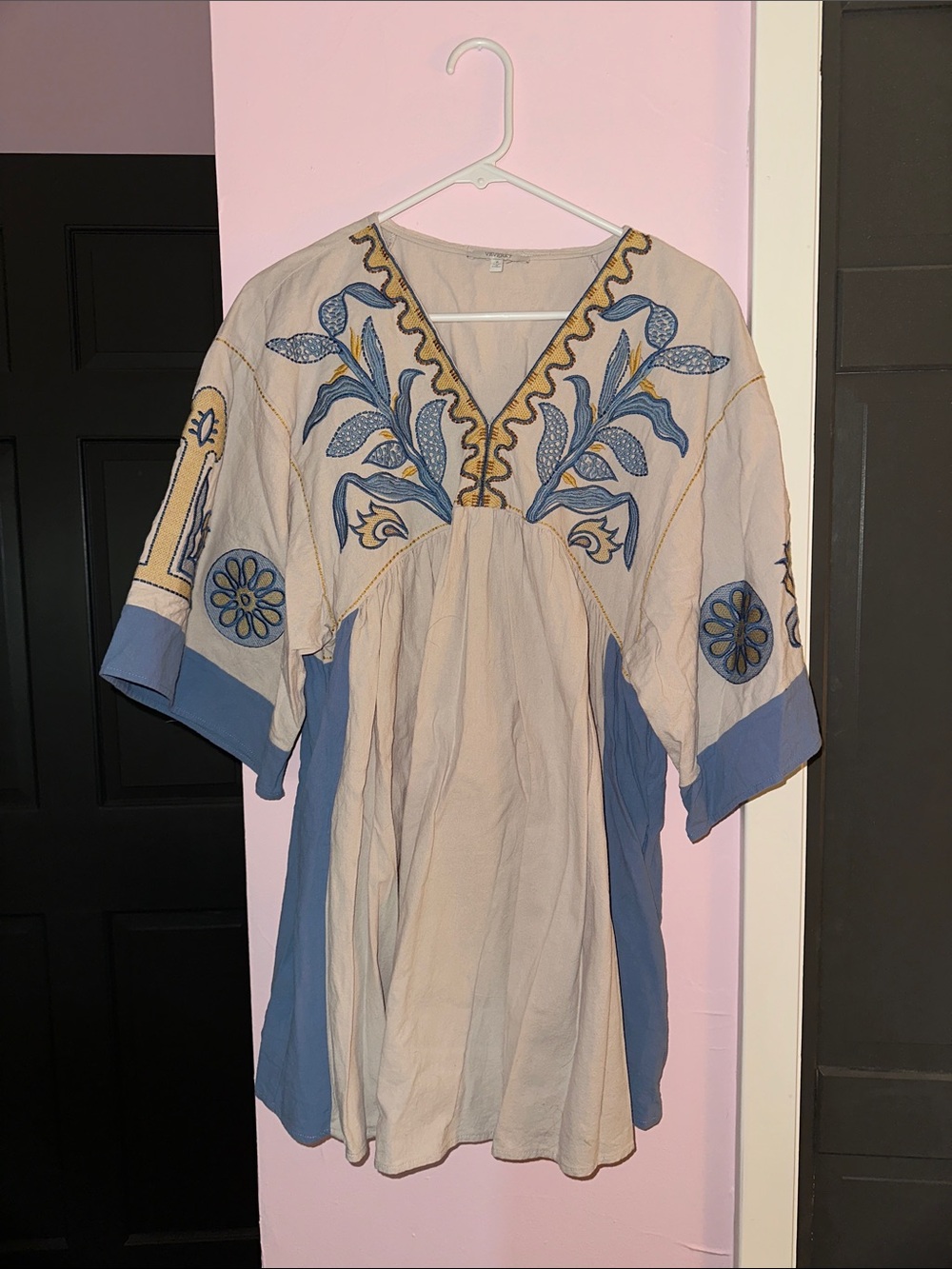 Embroidered V-Neck Tunic Top in Cream and Blue
